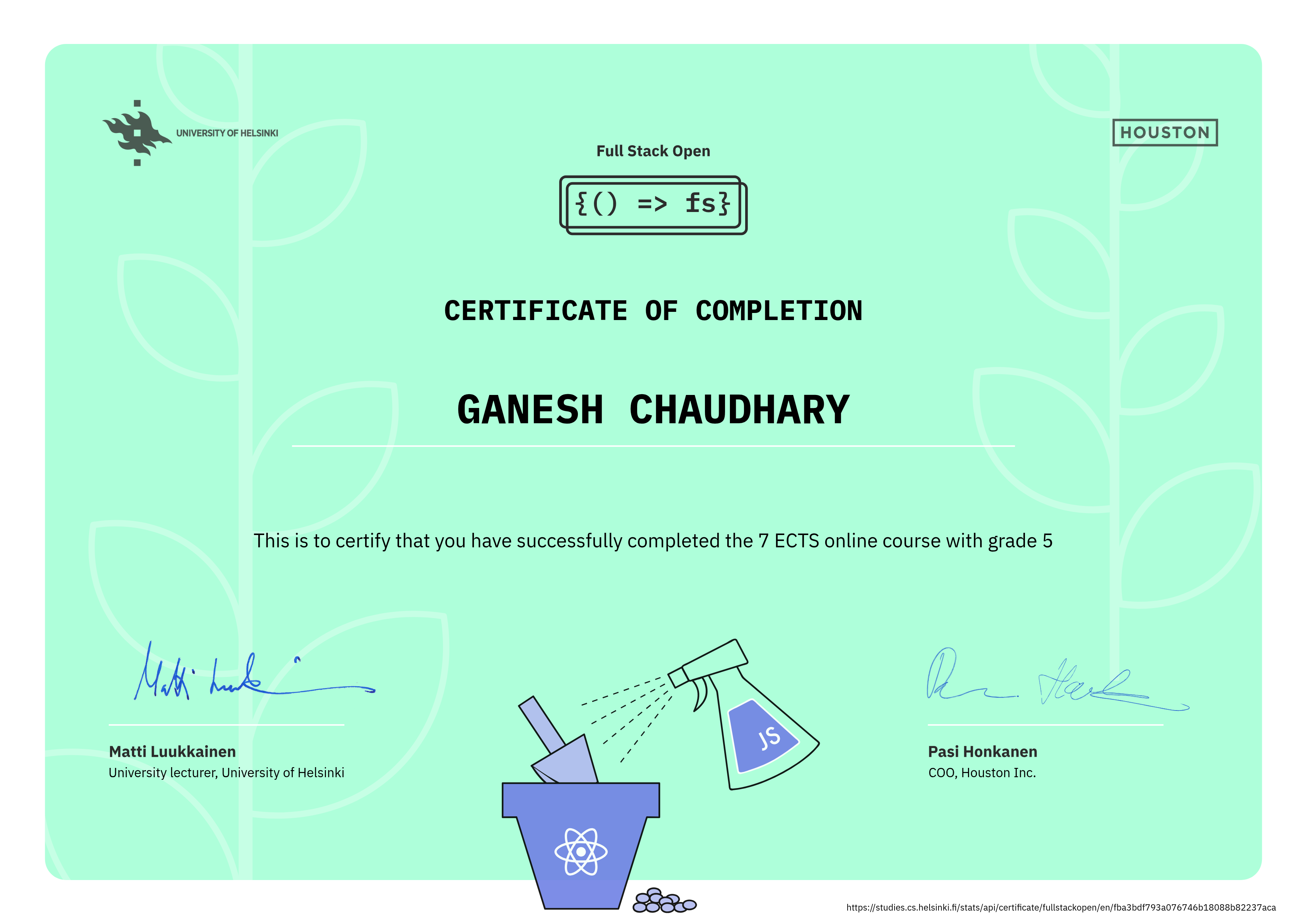 Full Stack Open Certificate certificate